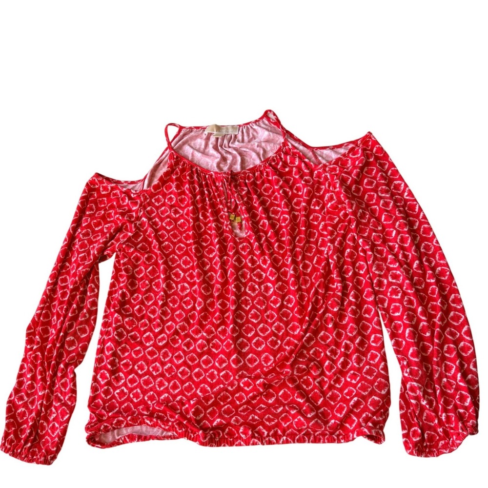 Michael Kors Womens Cold Shoulder Geometric Print Blouse Med Red‎ Viscose Vacay